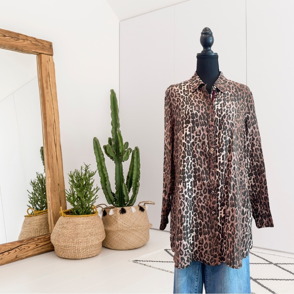 Johnny Was Workshop Leopard Print Long Sleeve Button Down Silk Tunic Top